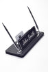 Leather Desk Name Holder with Two Pens Black Chrome Detailed